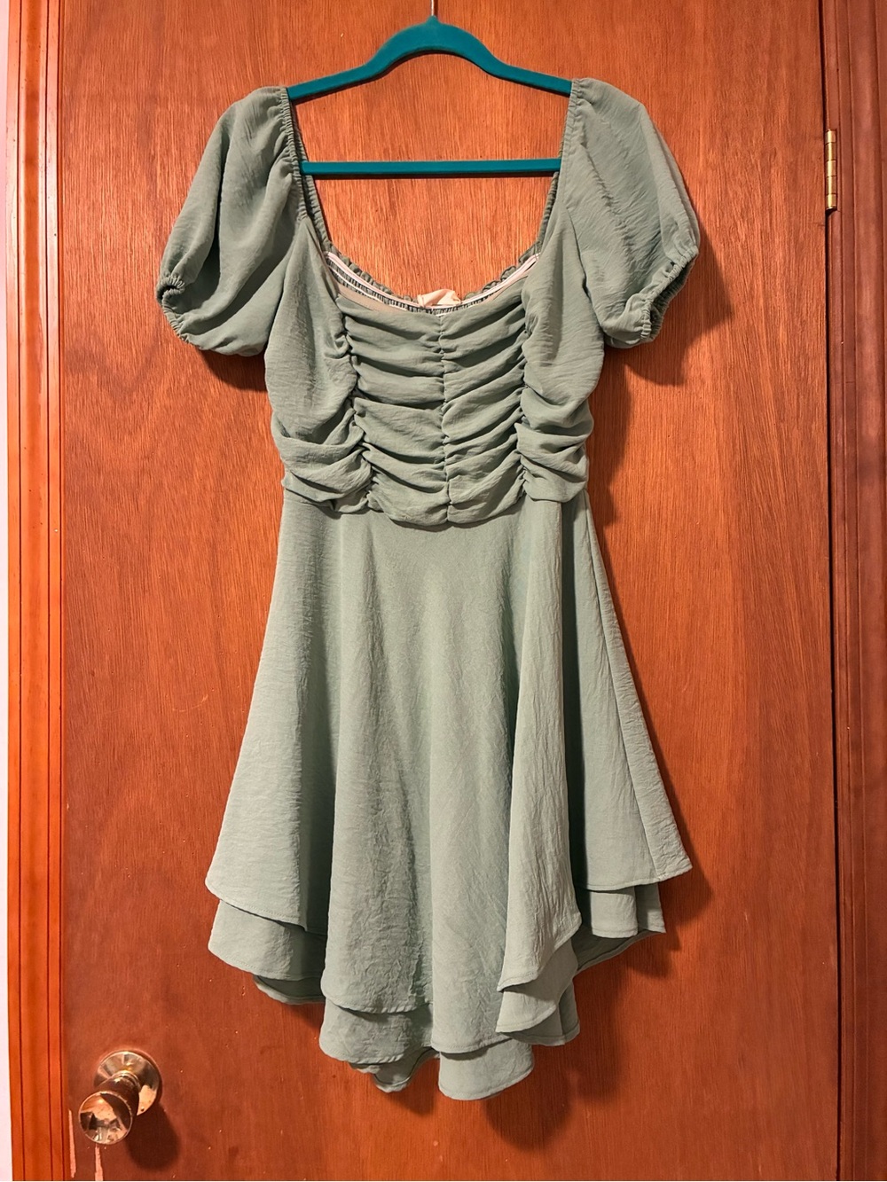Altar'd State Sage Green Ruched Midi Dress